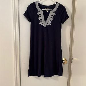 Lily Pulitzer navy dress with white embroidery around neckline